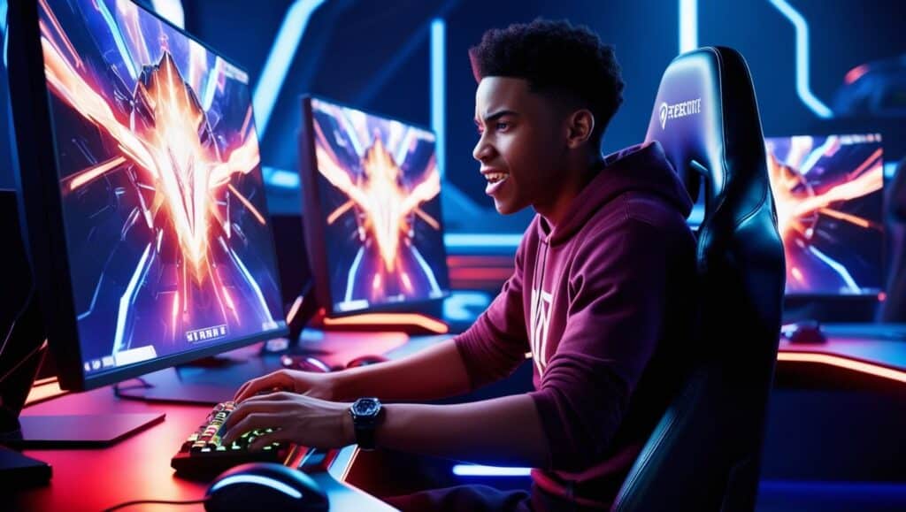 Joueur concentré sur un jeu vidéo éclairé.