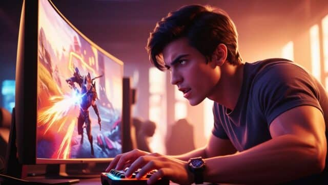 un jeune homme qui joue au jeux vidéo Jeune homme concentré jouant à un jeu vidéo.