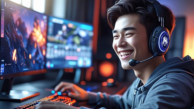 un jeune homme très content jouant à un jeu vidéo sur son pc avec son casque (1)