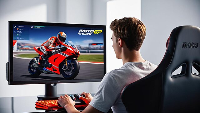 un jeune homme vu de dos jouant à un jeu de course moto gp Homme jouant à un jeu MotoGP sur écran.