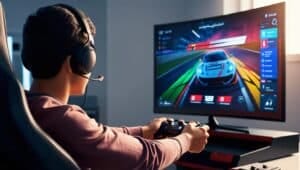 Garçon joue à un jeu vidéo de course.
