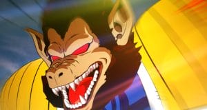 Créature féroce anime, yeux rouges, vêtements jaunes.