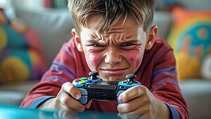 Enfant concentré jouant avec une manette de jeu.