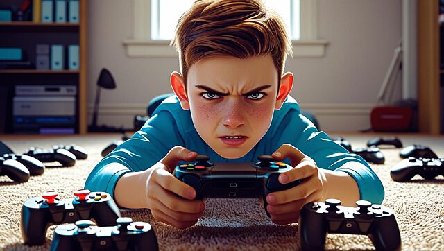 un petit garçon en colère jouant avec sa console Enfant concentré jouant avec une manette de jeu