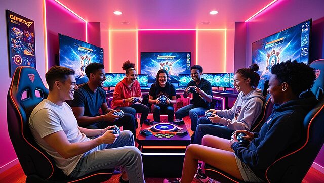 un petit groupe de gamers dans une salle de jeu (1) Groupe de jeunes jouant à des jeux vidéo.