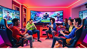 Groupe d'amis jouant à des jeux vidéo ensemble.