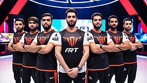 Équipe de joueurs e-sport sur scène.