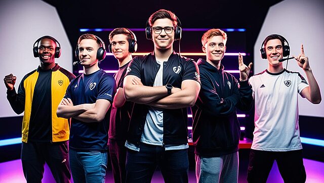 une équipe de 5 gamer debout vue de face Équipe de joueurs d'esport souriants, casques sur tête.