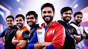 Groupe d'hommes souriants en vêtements sportifs colorés
