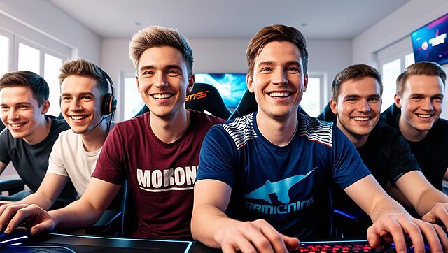 une équipe de gamer vue de face (5 hommes) (2) Jeunes hommes jouant ensemble à un jeu vidéo.