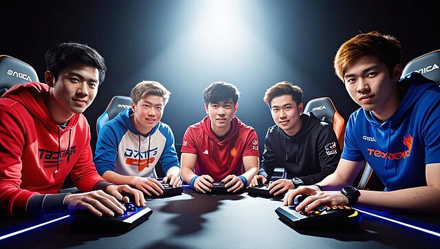 une équipe de gamer vue de face (5 hommes) Cinq joueurs professionnels concentrés sur leurs claviers.