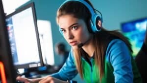 Femme joueuse concentrée devant ordinateur avec casque.