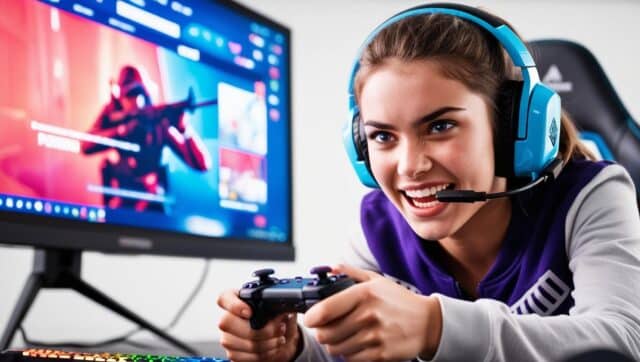 une jeune femme qui joue à un jeu vidéo de tir avec un casque gaming Femme souriante jouant à un jeu vidéo