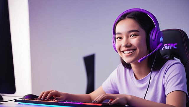 une streameuse avec son casque devant son pc (1)