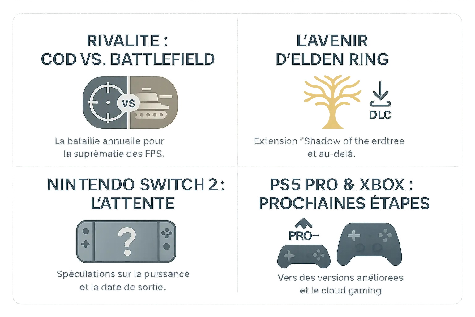 Illustration des actualités jeux vidéo récentes couvrant Call of Duty, Battlefield, Elden Ring et les consoles next-gen