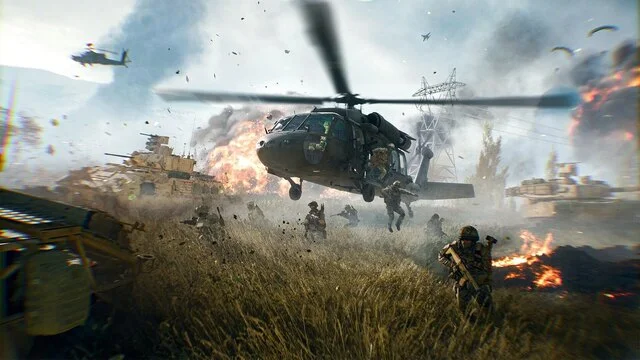 battlefield 6 saison 1: date, cartes, modes — ne ratez Scène de bataille intense avec hélicoptère et explosions.