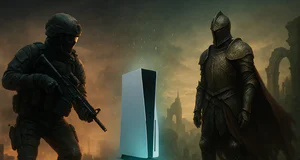Soldat, chevalier et console de jeu moderne.
