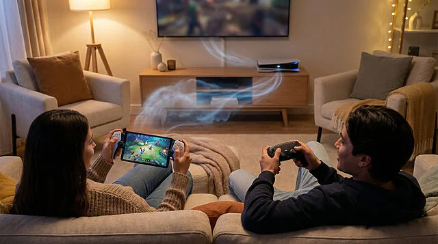 connected gaming ps5 and portal co op Deux personnes jouant à des jeux vidéo sur canapé.