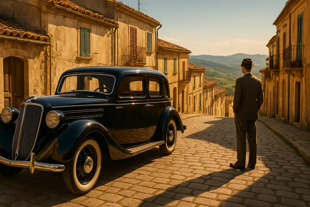 decouvrez la sicile en free ride avec mafia the old country Homme et voiture ancienne dans une rue pavée.
