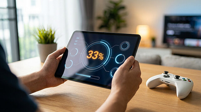 digital discount hands tablet 33percent off and game controller Écran tablette affichant 33%, manette à côté