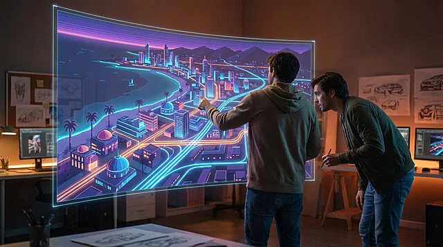 digital metropolis map exploration Conception futuriste de la ville sur écran holographique.