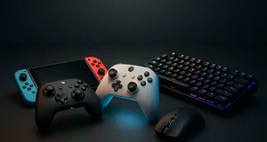 Console, manettes, clavier gaming et souris lumineux.