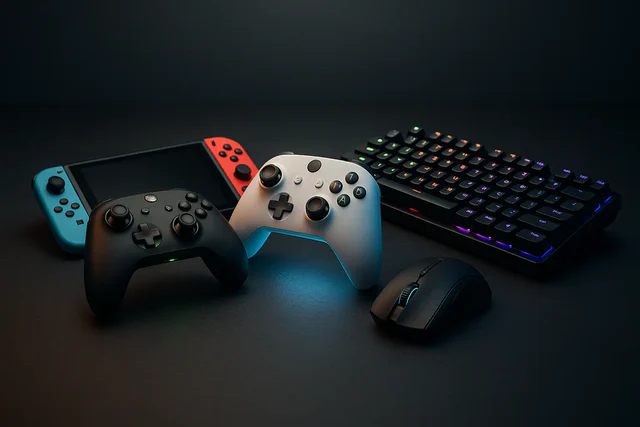 equipements gaming ps5 xbox switch et pc Console, manettes, clavier gaming et souris lumineux.