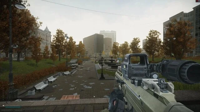 Jeu FPS en ville automnale, bancs et lampadaires.