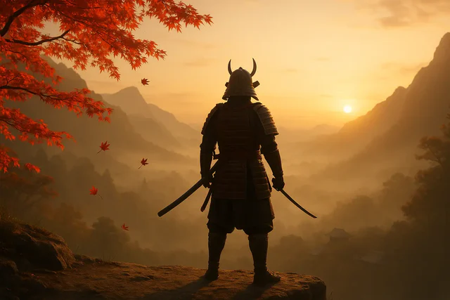 Samouraï contemplant coucher de soleil automnal en montagne.