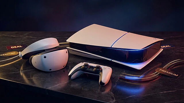 premium playstation 5 and ps vr2 gaming deals Console, manette et casque PlayStation sur table.