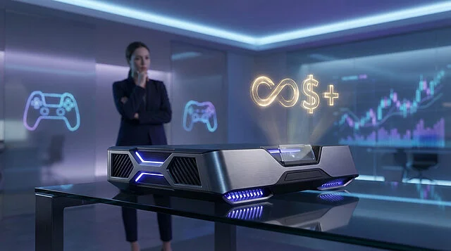 sleek gaming pc the future of premium play Femme pensant devant serveur futuriste et graphiques.