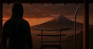 Samouraï contemplant des katanas face au Mont Fuji.
