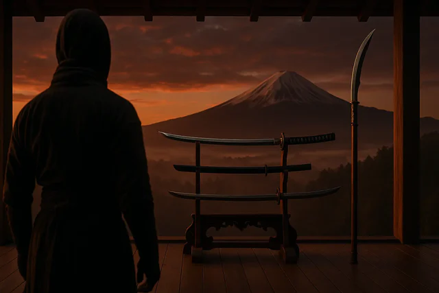Samouraï contemplant des katanas face au Mont Fuji.