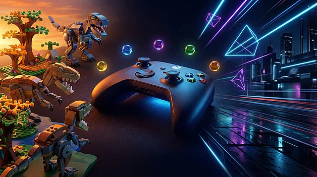 vibrant gaming lego dinos and neon future Manette de jeu avec dinosaures Lego et néons futuristes.
