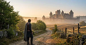 Homme médiéval marchant vers château au lever du soleil