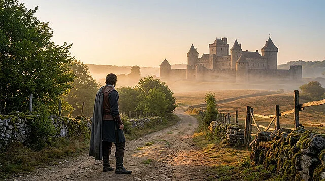 adventurers gaze Homme médiéval marchant vers château au lever du soleil
