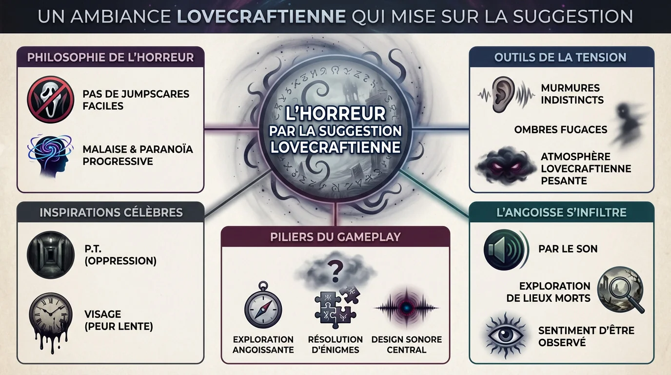 Atmosphère sombre et lovecraftienne du jeu d'horreur Letherfall