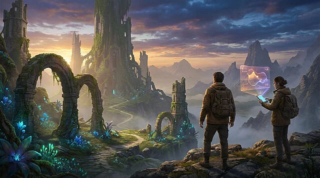 Explorateurs devant ruines en forêt mystique au coucher.