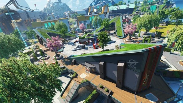 apex legends saison 27 : split 2, la date à Centre urbain futuriste avec espaces verts et sculptures.