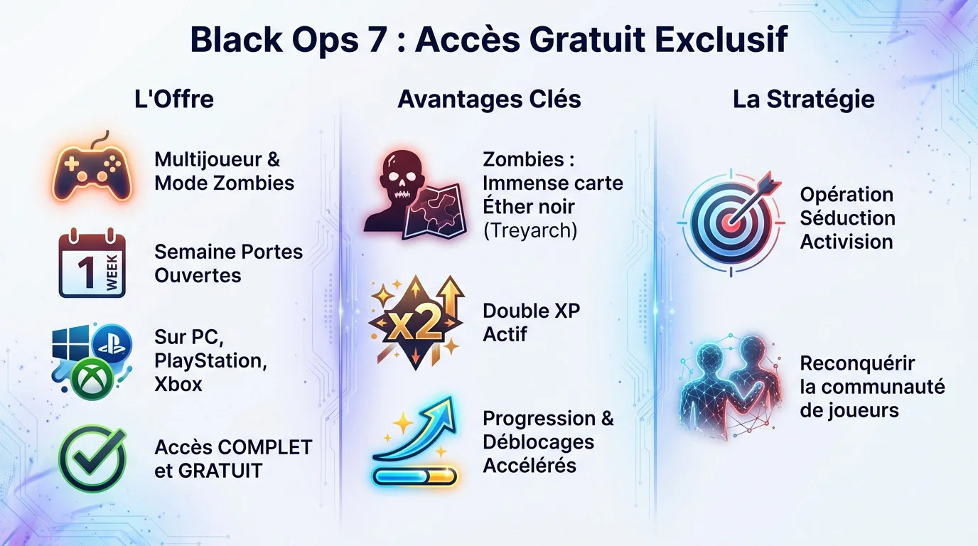 Affiche promotionnelle annonçant l'accès gratuit aux modes multijoueur et Zombies de Call of Duty Black Ops 7