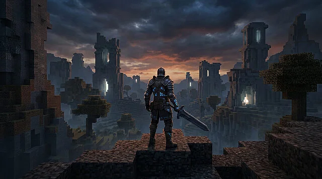 blocky souls journey Chevalier en armure sur falaise devant ruines fantastiques.