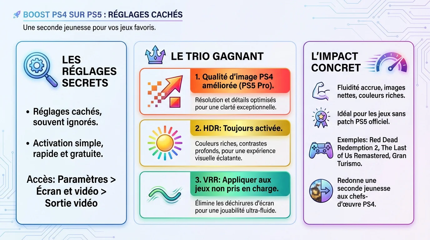 Interface des réglages PS5 montrant les options d'amélioration pour les jeux PS4 rétrocompatibles
