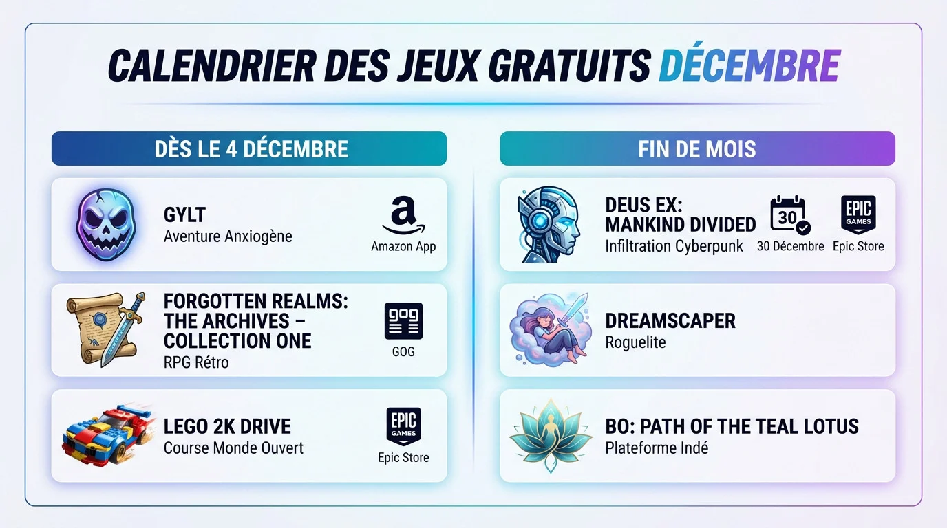 Calendrier des jeux gratuits Amazon Prime Gaming décembre 2025