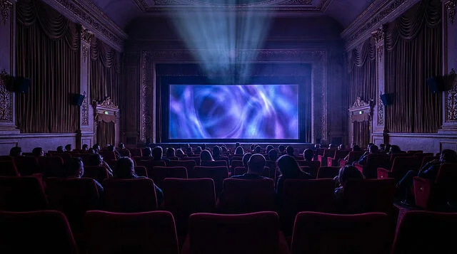 cinematic glow grand theater Spectateurs dans un cinéma regardant un écran lumineux.