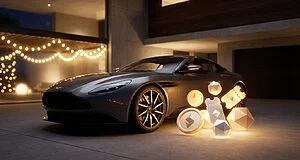 Voiture de sport avec crypto-monnaies devant garage moderne.