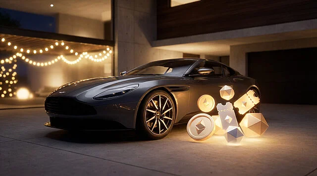 featured image from wisewand Voiture de sport avec crypto-monnaies devant garage moderne.