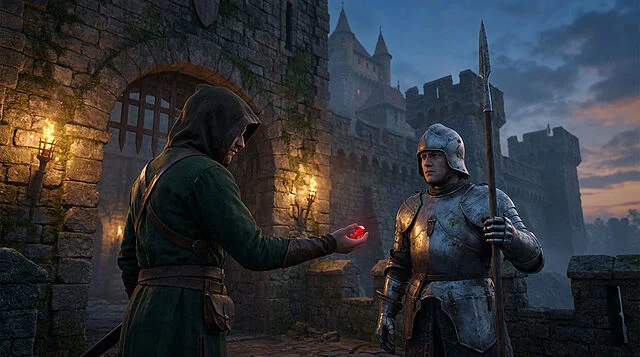 Guerrier médiéval avec une armure et un joyau rouge.