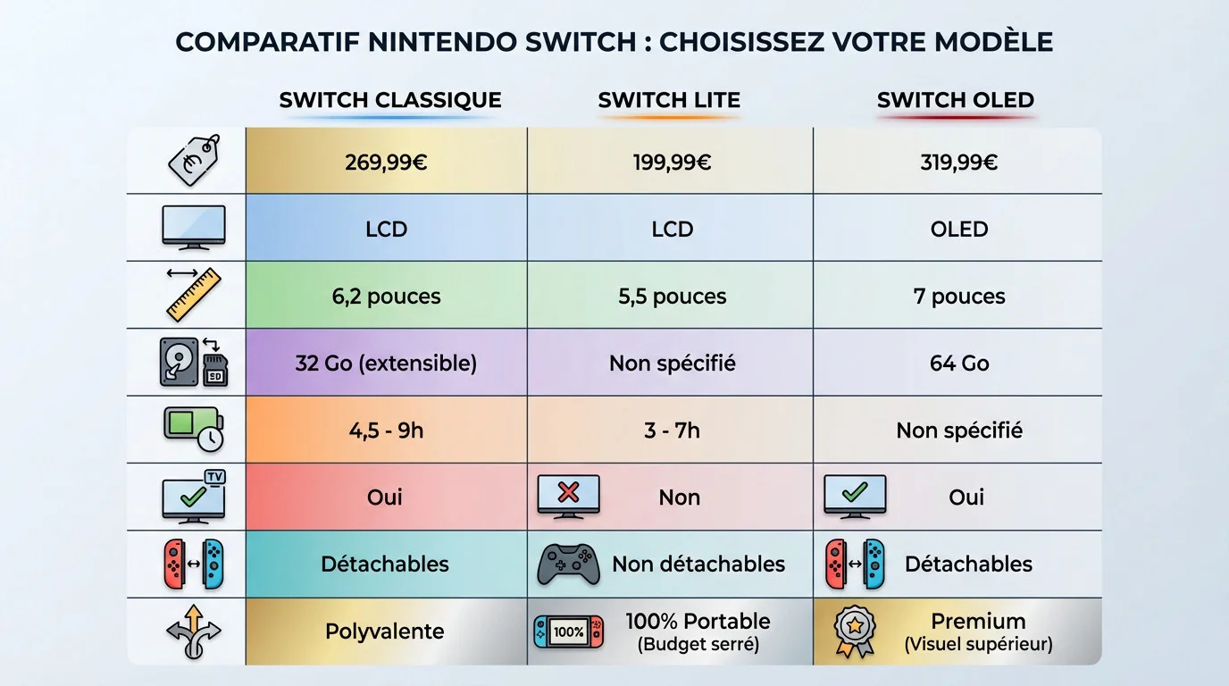 Comparatif visuel des trois modèles de Nintendo Switch : Standard, Lite et OLED