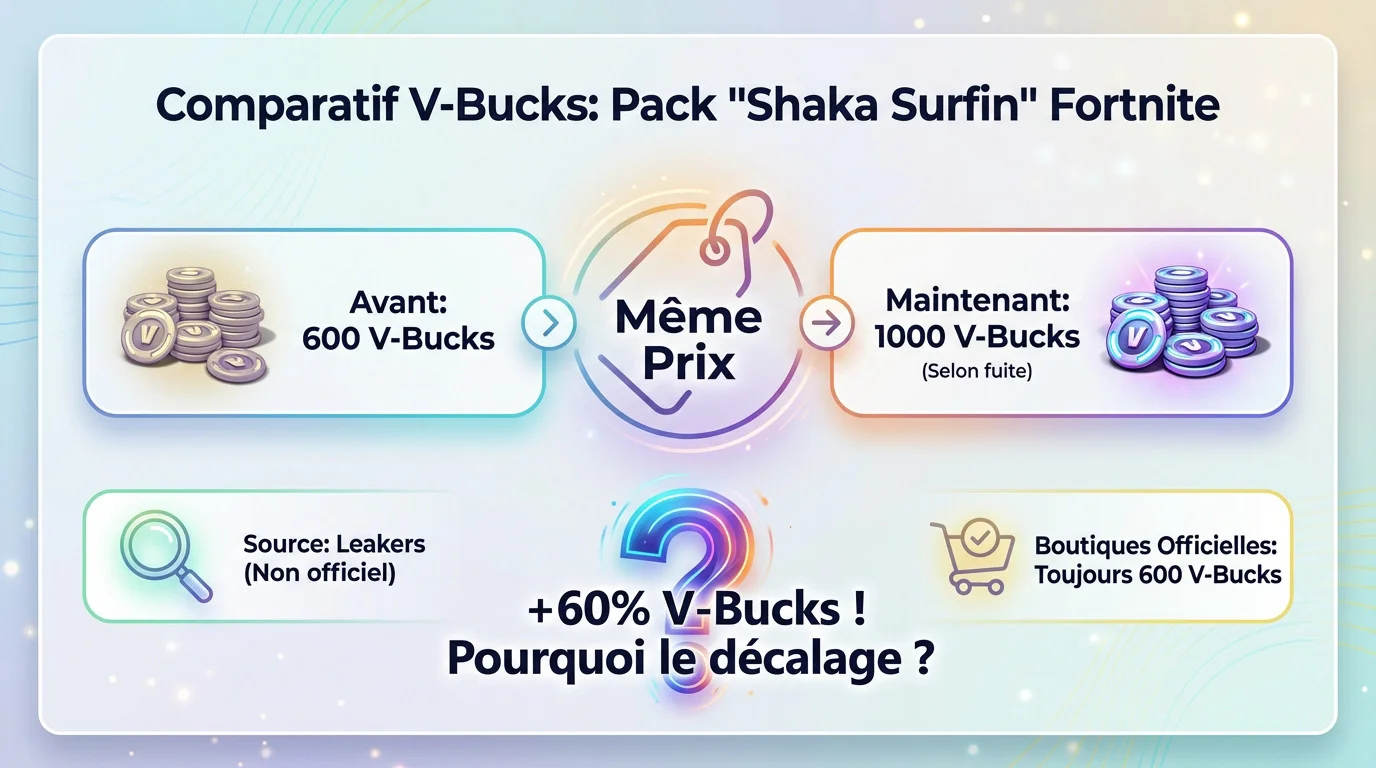 Comparaison du contenu en V-Bucks du pack de démarrage Shaka Surfin passant de 600 à 1000