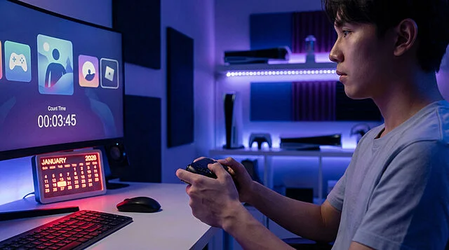 contemplative urgency gaming countdown to 2026 Personne jouant à un jeu vidéo dans une chambre